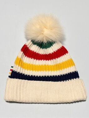 Hudson’s Bay Point Blanket Stripe Genuine Fox Fur Pom Toque Hat